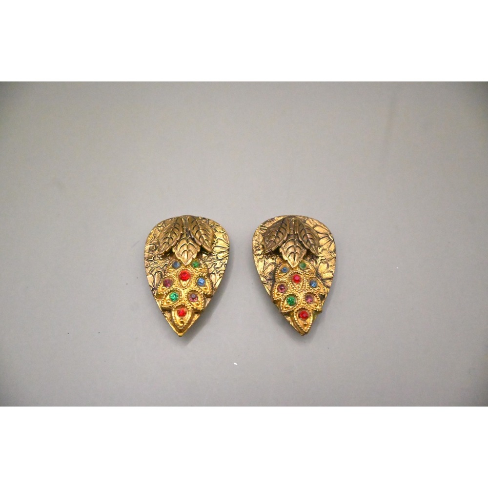 Vintage ART DECO Pair Rhinestone Leaf Dress Clips Pair Tutti Fruiti Gold Tone